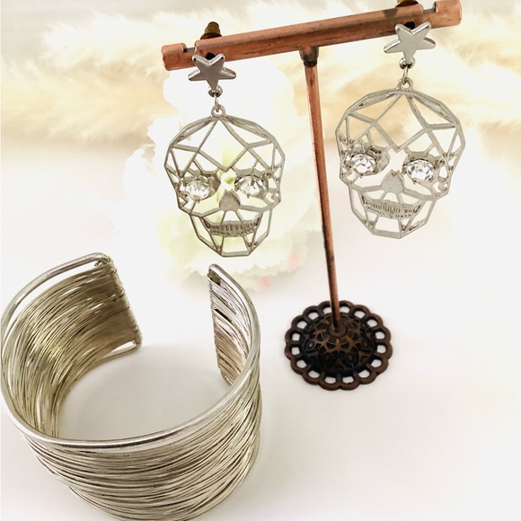 Skeleton Earrings Plus Bracelet with Fashion Diamond Eyes Silver Jewelry - Picture 3 of 5